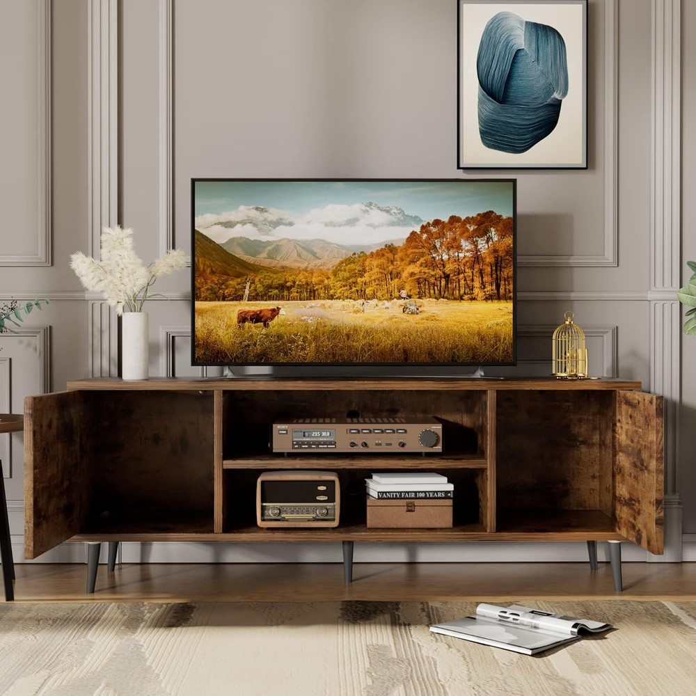Mid-Century Rustic TV Stand with Ample Storage & Cable Management, 58 Inches