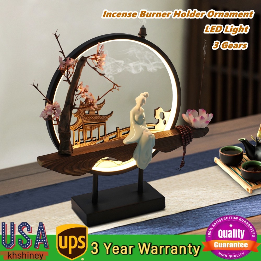 Incense Burner Holder 3 Gear Led Night Light Ceramic Backflow Incense Decoration