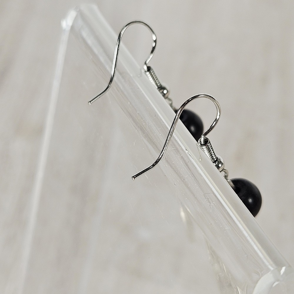 Silvertone Tree of Life Charm Dangle Earrings Black Bead