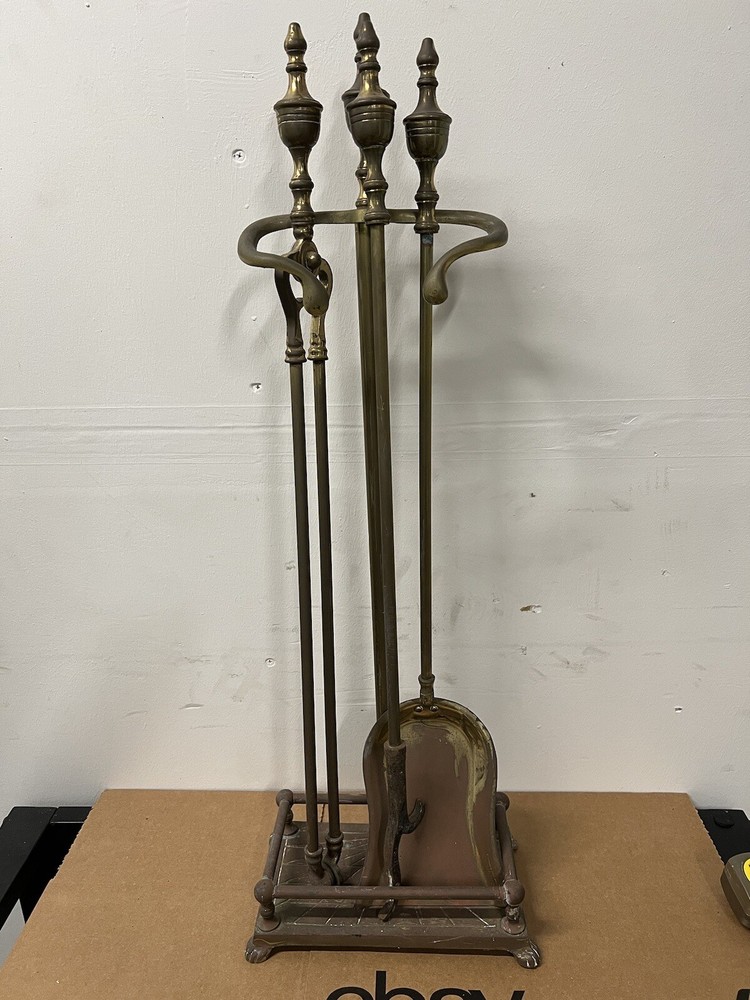 Vintage Solid Brass Fireplace 3 Tools with Stand Set