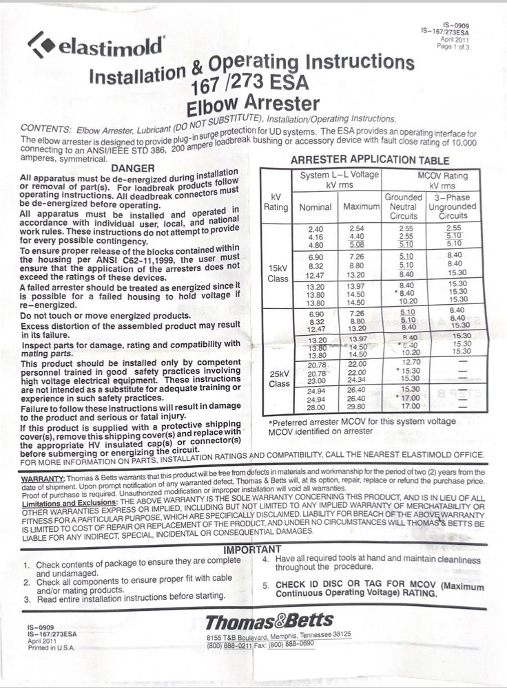 Elastimold 167/273 ESA Elbow Arrester Thomas & Betts