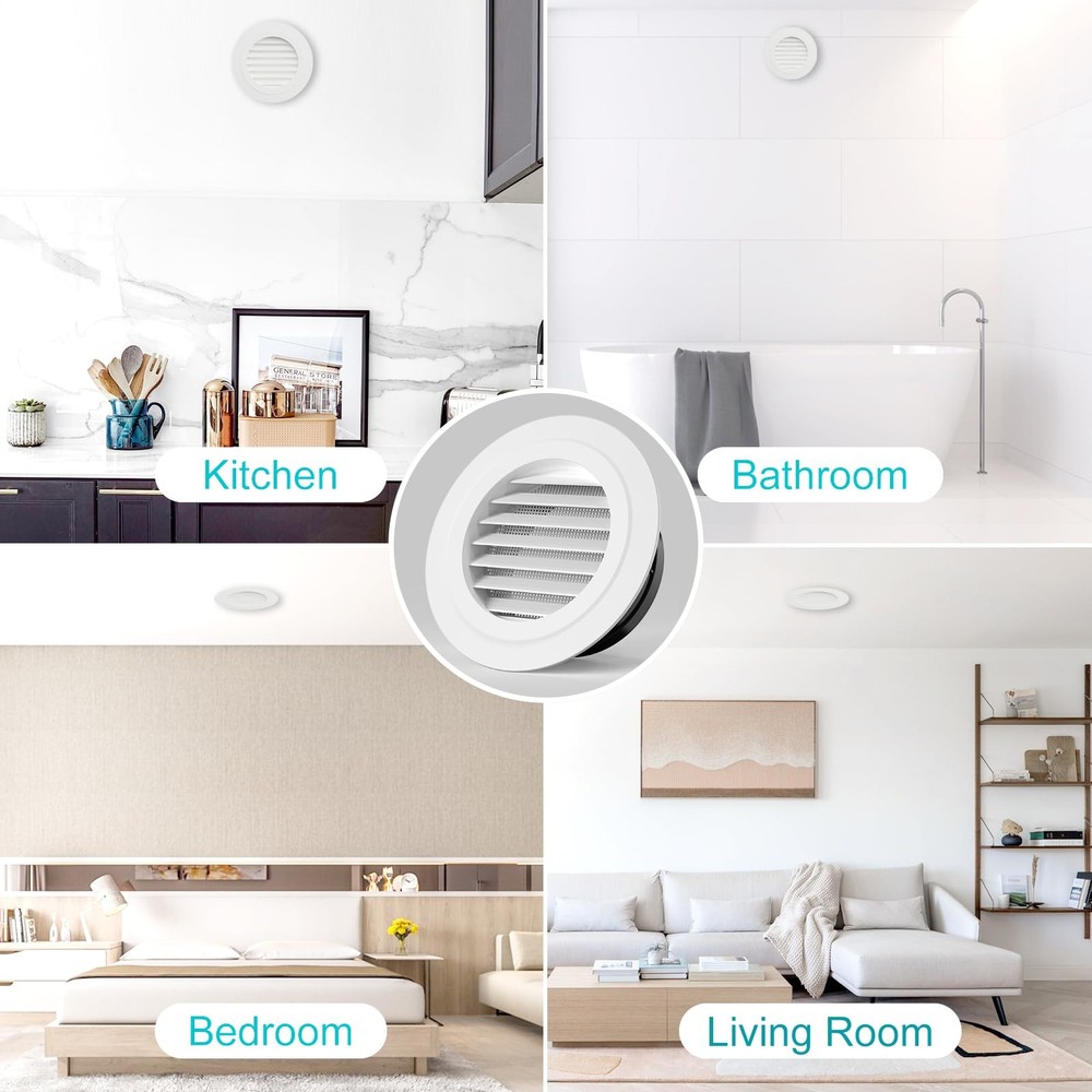 6" Round Air Vent Grille Cover, ABS Louver with Screen Mesh, White Soffit Vent