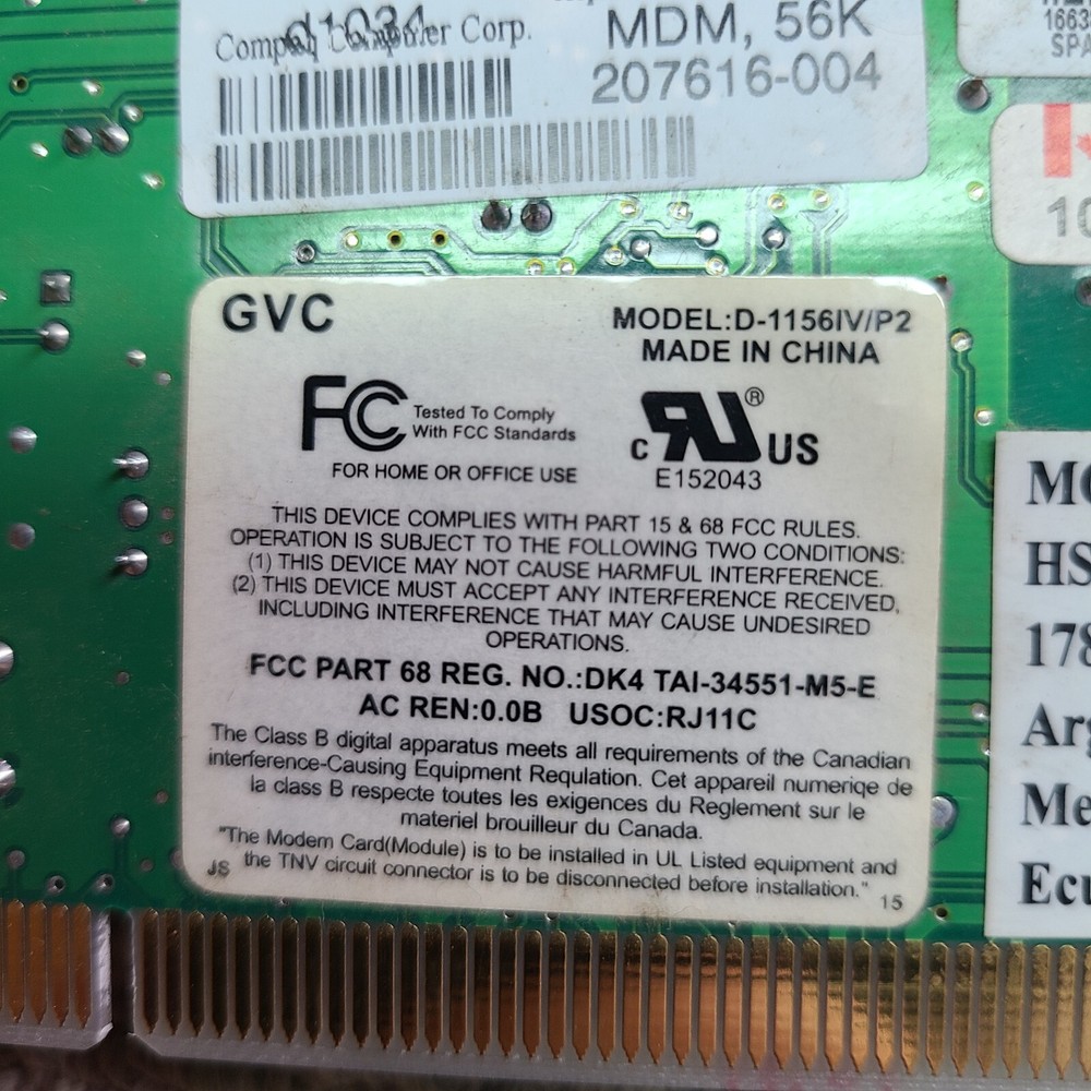 GVC Modem Model D-1156IV/P2 For Windows PC's HSP56 Micro Modem Compaq Computers