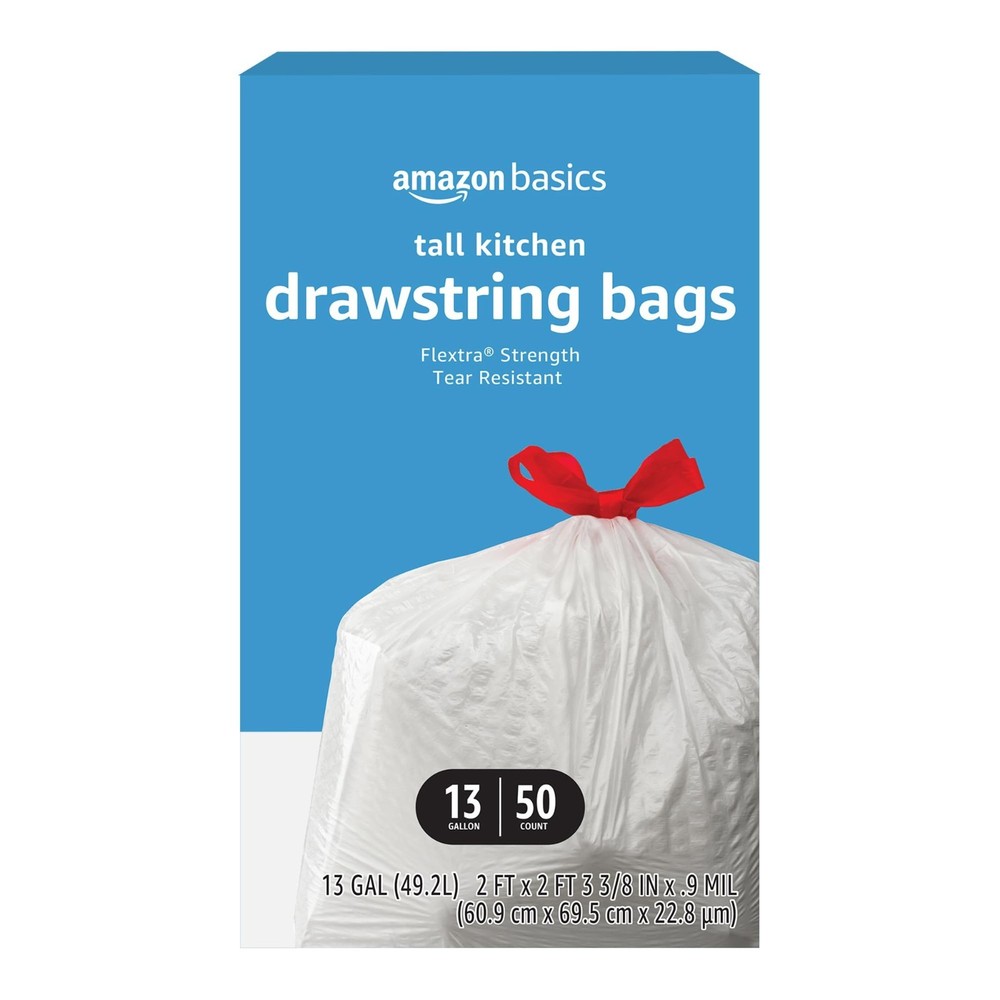 Amazon Basics Flextra Tall Kitchen Drawstring Trash Bags, 13 Gallon, 50 Count, T