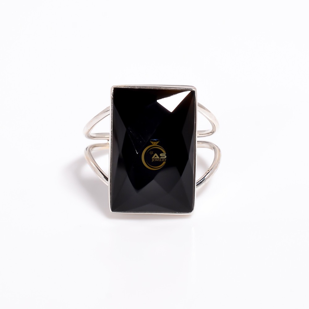 Black Onyx Cut Stone Ring 925 Sterling Silver Handmade Statement Boho Rings