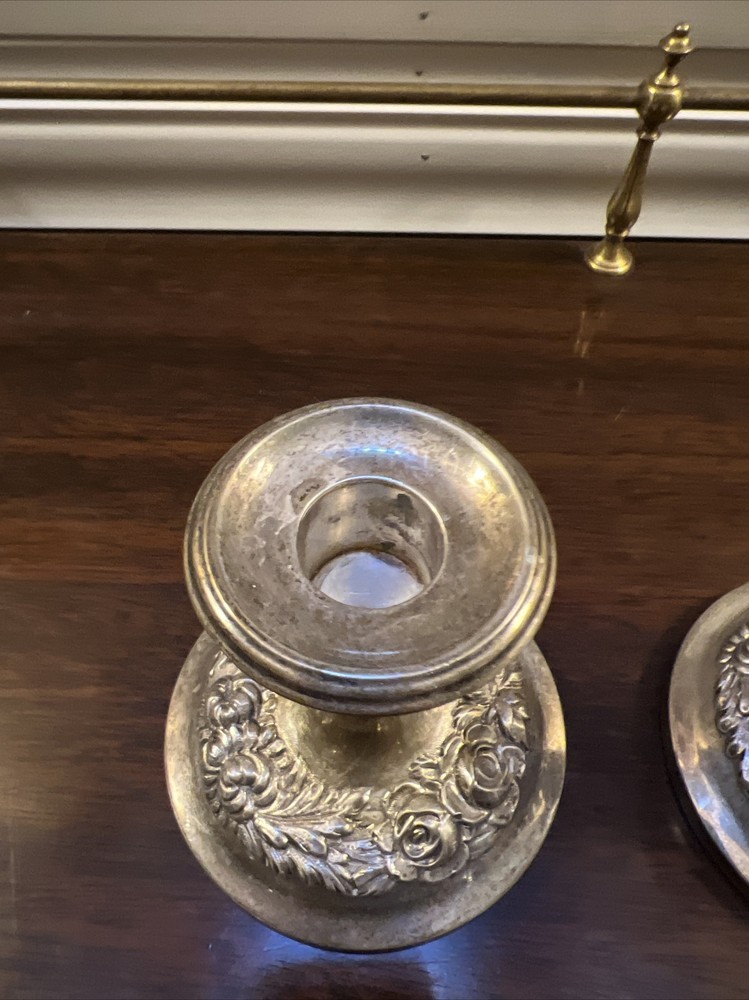 Stieff Sterling Silver Hand Chased Rose Candlesticks #158