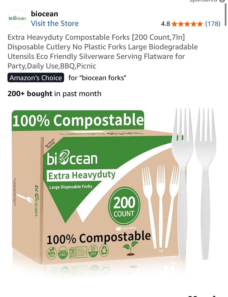 200 Compostable forks 6.7” Extra Heavy Duty Biodegradable Disposable Cutlery