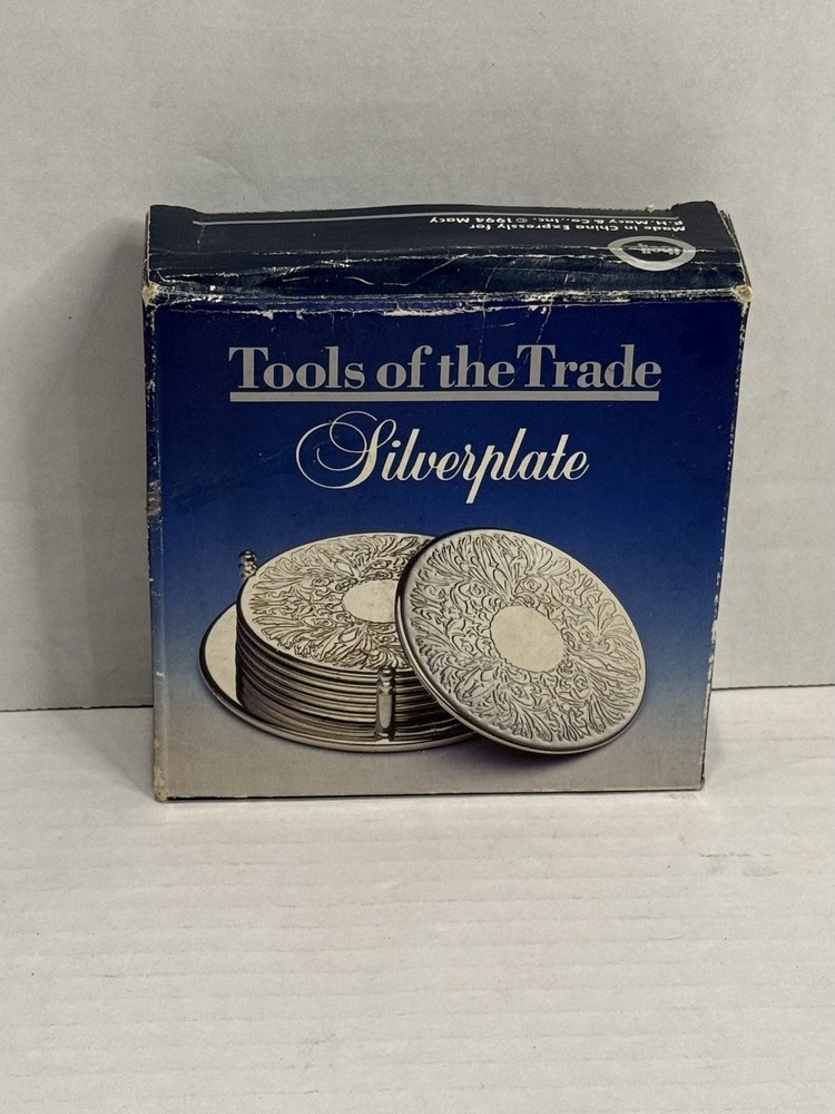 Silverplate Coaster 7 Piece Set Elegant Floral Embossed - Used