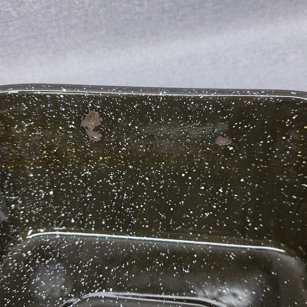 Vintage Speckled Enamel Roaster Pan Covered Black Baking Dish Ovenware Large