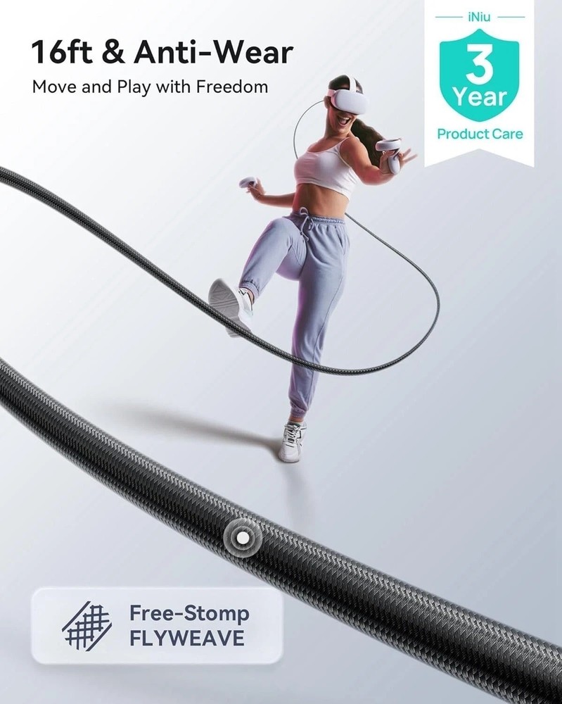 INIU Link Cable with Charging [16ft] for Meta Quest 3s Oculus Quest 3 Quest 2/Pr