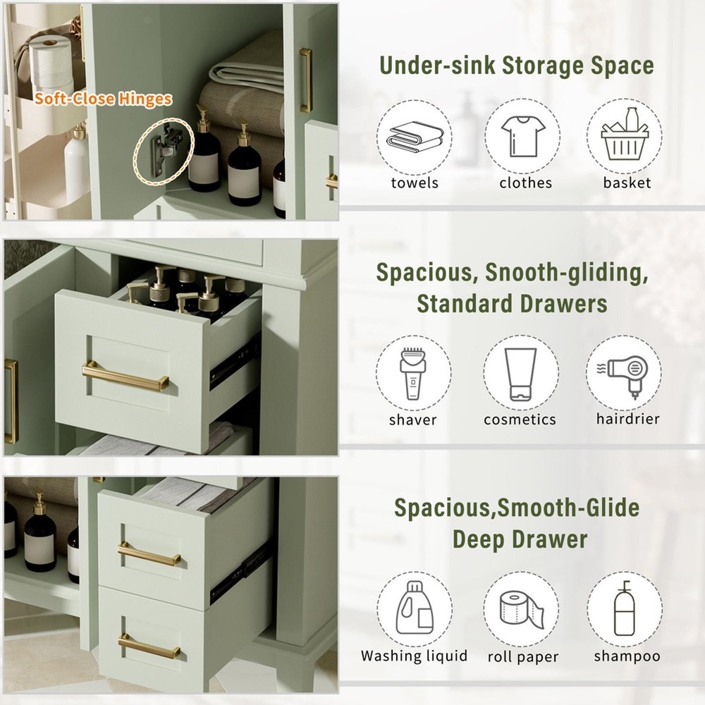 Elegant 30-Inch Bathroom Vanity with Ceramic Sink, Sturdy Solid Wood Frame &