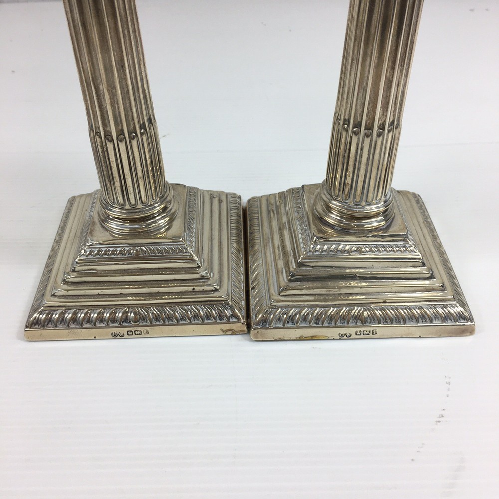 Antique 1936 Solid Silver Weighted Pair Of Corinthian Column Candlesticks