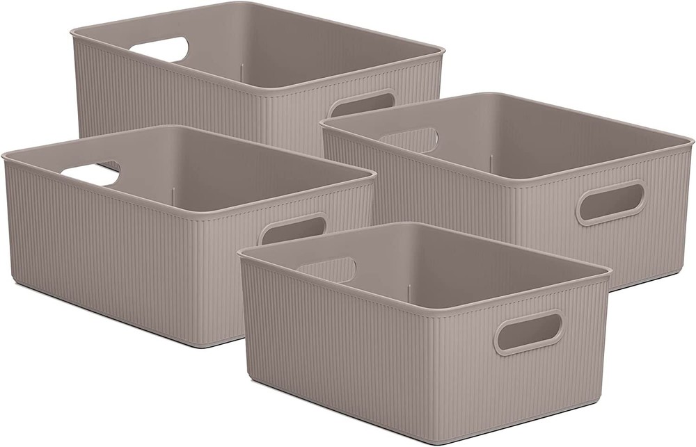 Superio 15L Medium Ribbed Storage Bin- Plastic Storage Bin (4 Pack, Taupe)
