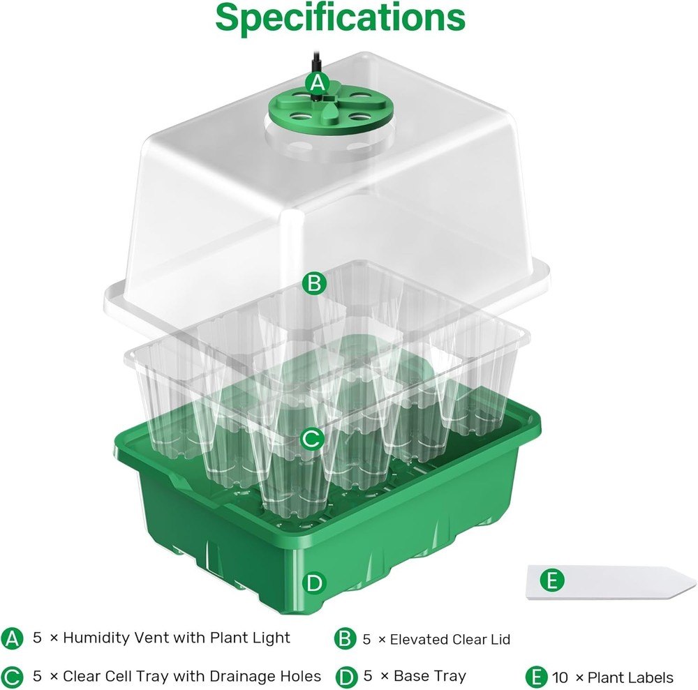 Complete Seedling Starter Kit: 5 Trays with Adjustable Humidity Domes & Light