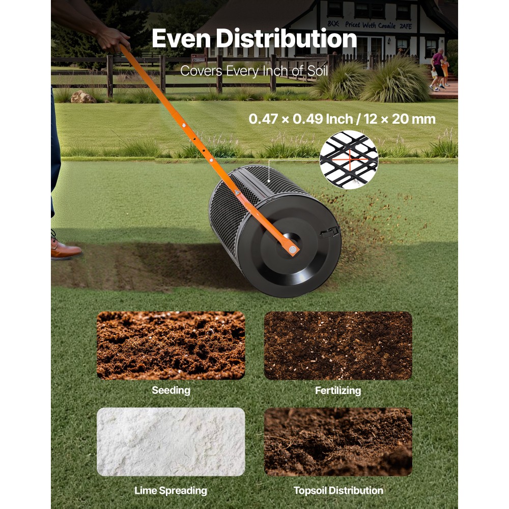24" Compost Peat Moss Spreader Heavy Duty Steel Roller Adjustable T-Handle