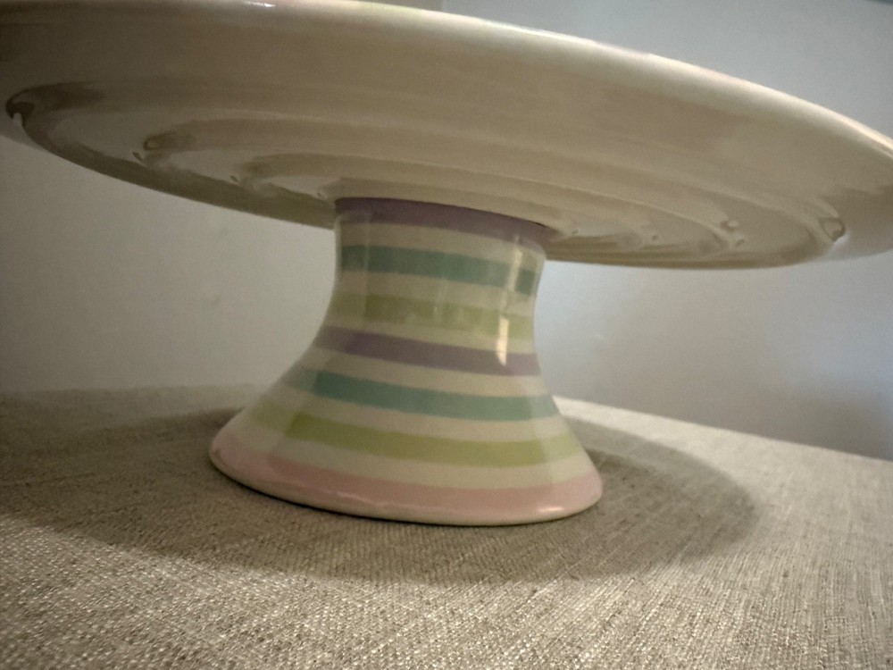 🎂 N D Exclusive Pastel Striped Ceramic Cake Stand • 12" Tall • Spring/Easter