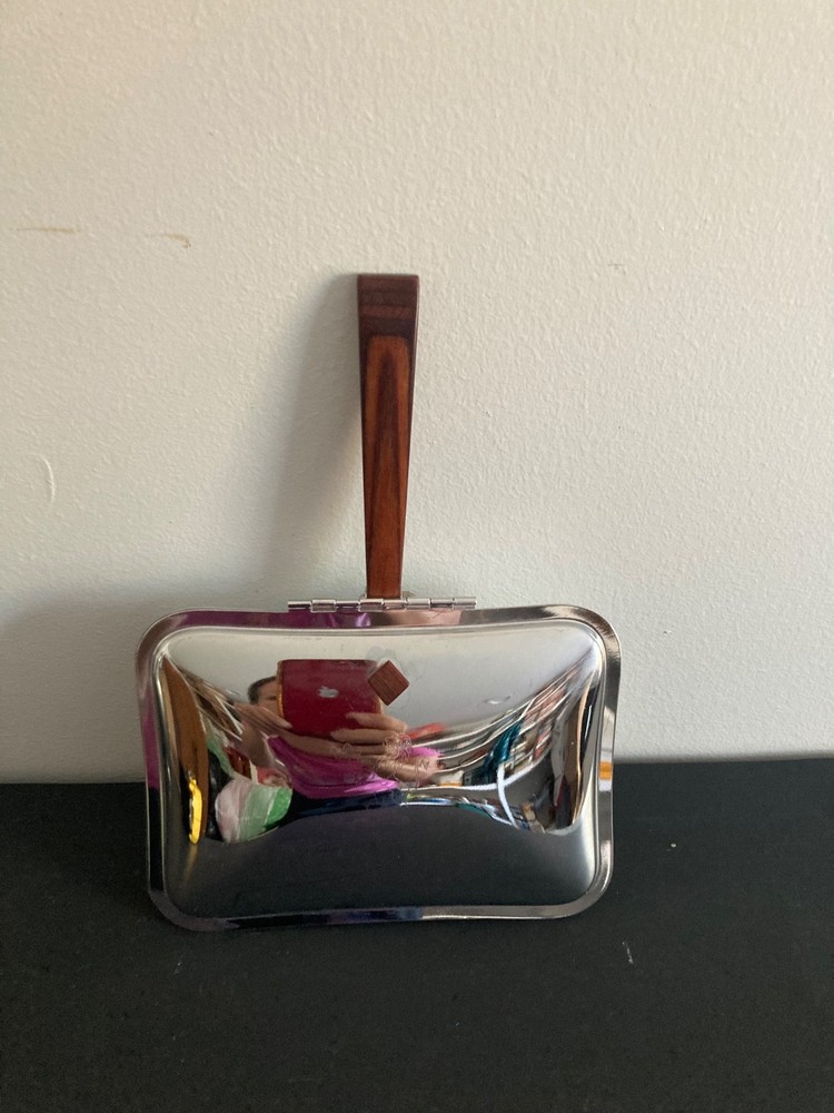 Vintage Ironware Warming Serving Pan Dish with Hinged Lid Wood Handle