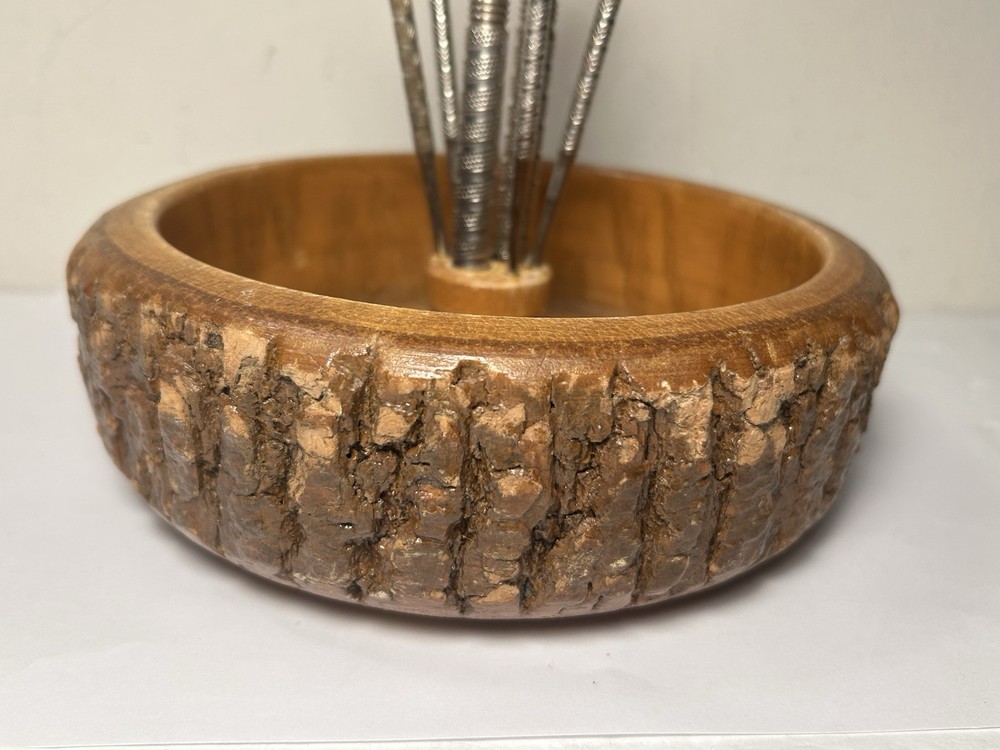 Vintage Nut Bowl With Live Edge Includes Nut Cracker & 2 Picks Eagle Accent