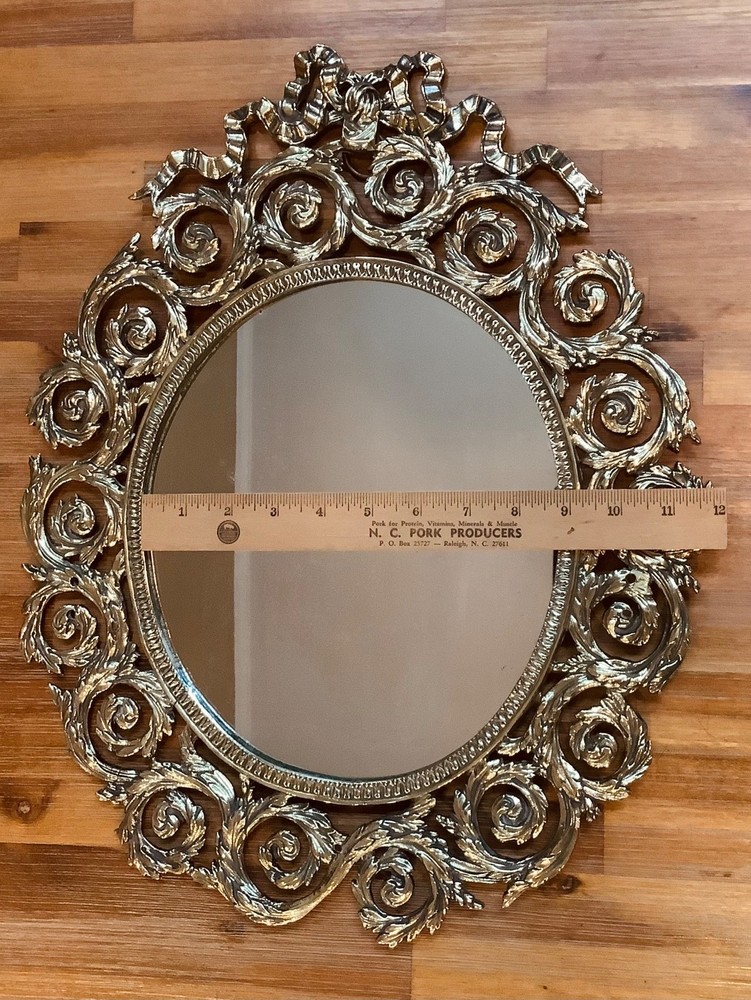 Ornate Victorian Solid Brass Oval Wall Mirror Bow & Laurel Rosettes 18” x 14.5”