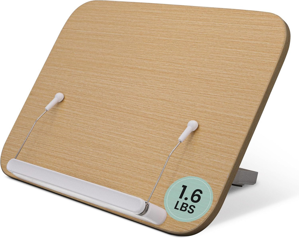 Wood Book Stand - Book Holder for Reading Hands Free, Foldable, Adjustable Book