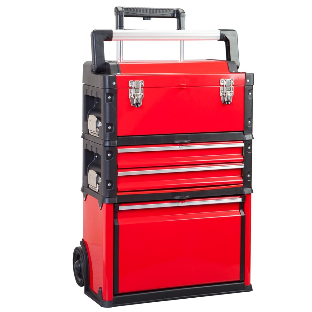 BIG RED Stackable Portable Metal Tool Box Organizer with Wheels, 2 Drawers,Red