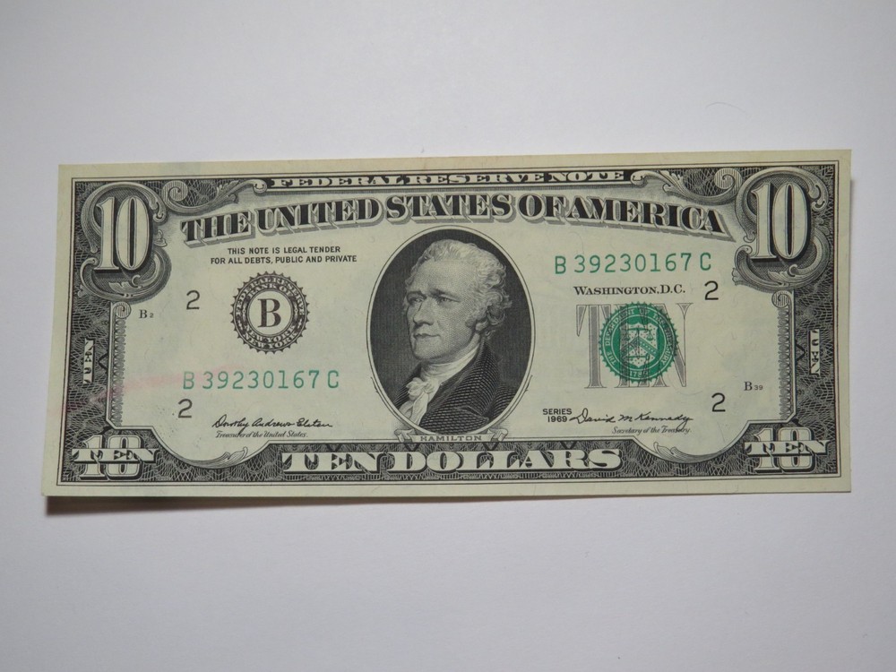 $10 1969 Large Ink Smear on Back Error Federal Reserve Bank Note Bill UNC++