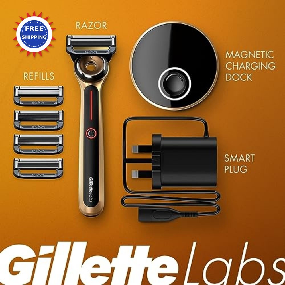Heated Razor Gillette Labs Gold Edition Handle Blade Refills Charging Dock