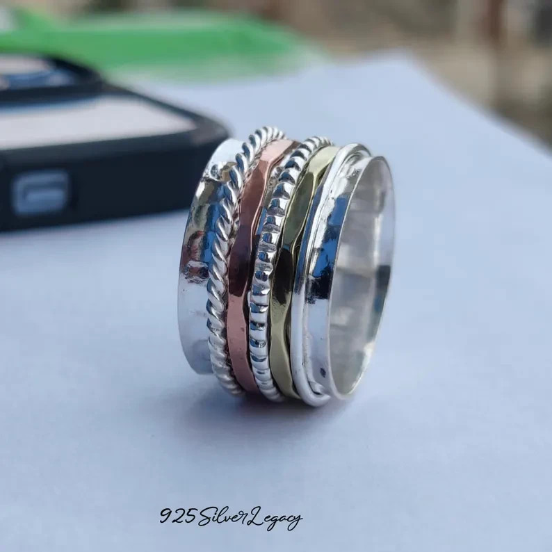 Hammered Spinner Ring, Silver With Copper Brass Spinner Ring, Fidget , All Size