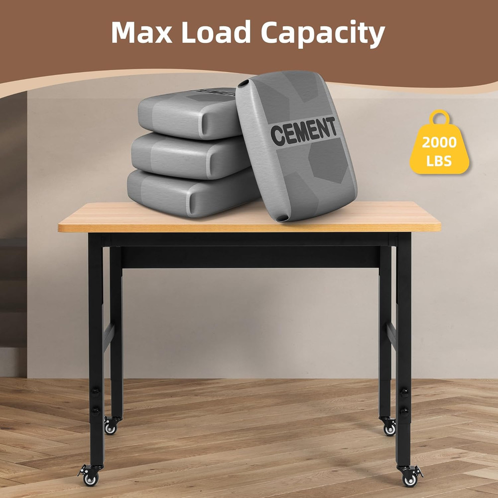 48" Adjustable Workbench with Wheels, Rolling Work Table for Garage, 2000 LBS Ca