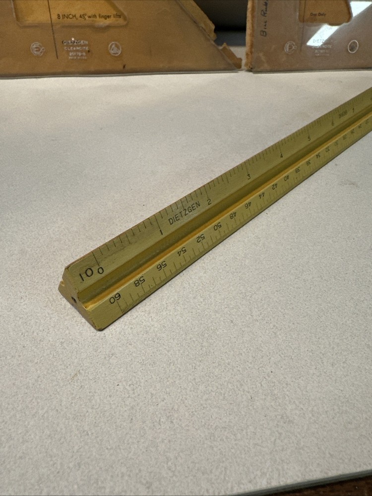 4 PCS Vintage Dietzgen Drafting Tools Ruler Circle Compass 8 &10 Triangle Set