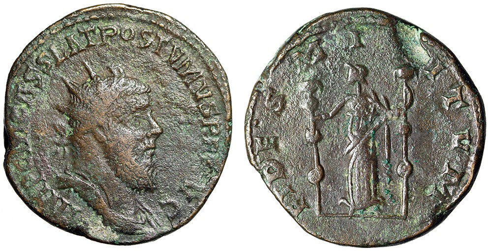 Postumus Double Sestertius "Fides, Two Standards" Very Fine