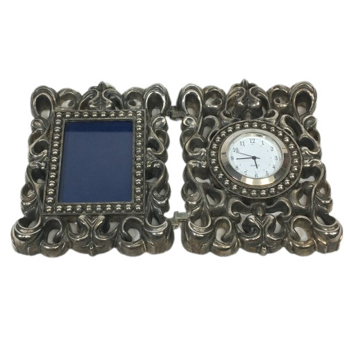Silver-Plated Picture Frame & Clock Desk Top Beautiful Ornate Scroll Work Design