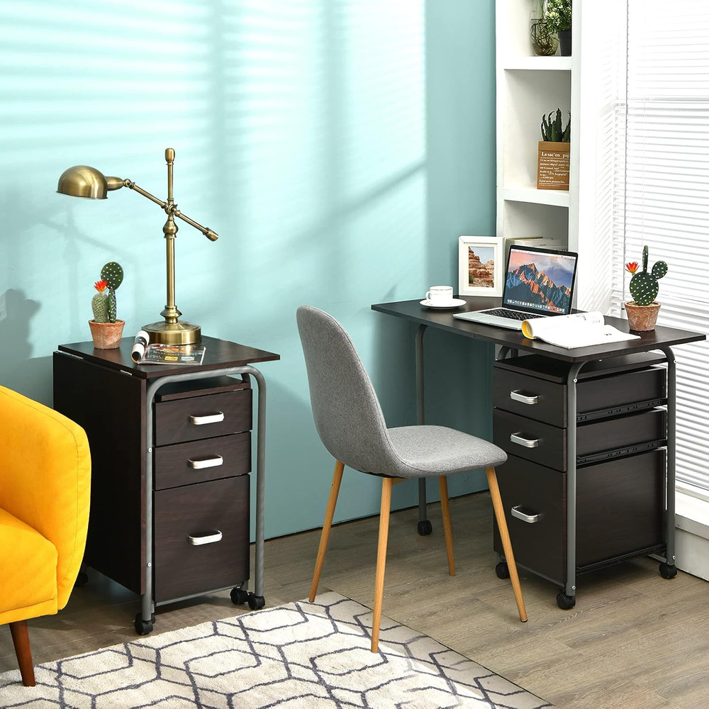 Folding Computer Desk with 3 Storage Drawers, Mobile Home Office Desk Study Writ