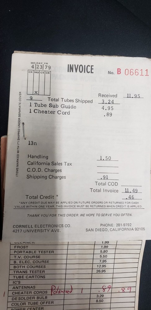 Cornell Electronics Company Mail Order Catalog / Invoice / Price Lists