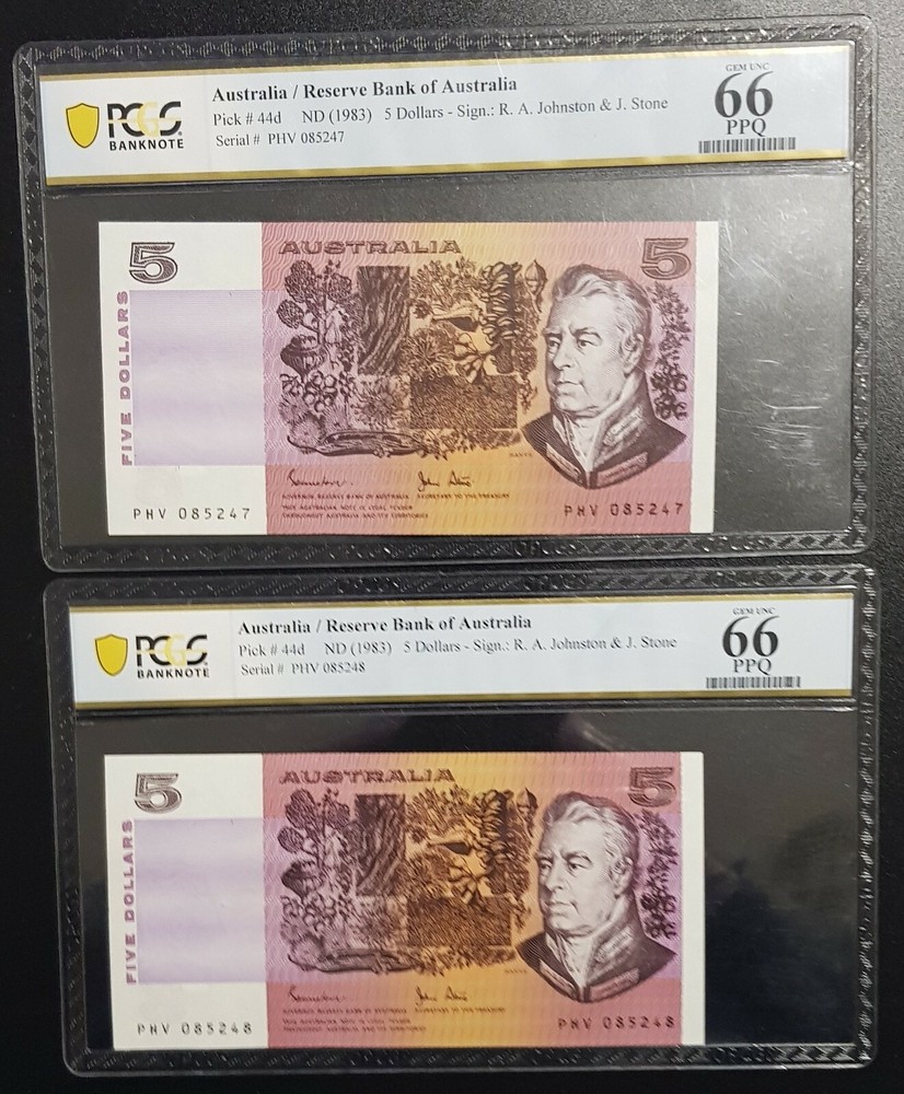 1983 Johnston/Stone $5 Five Dollar Notes Pair Consecutive Numbers PCGS66 R208