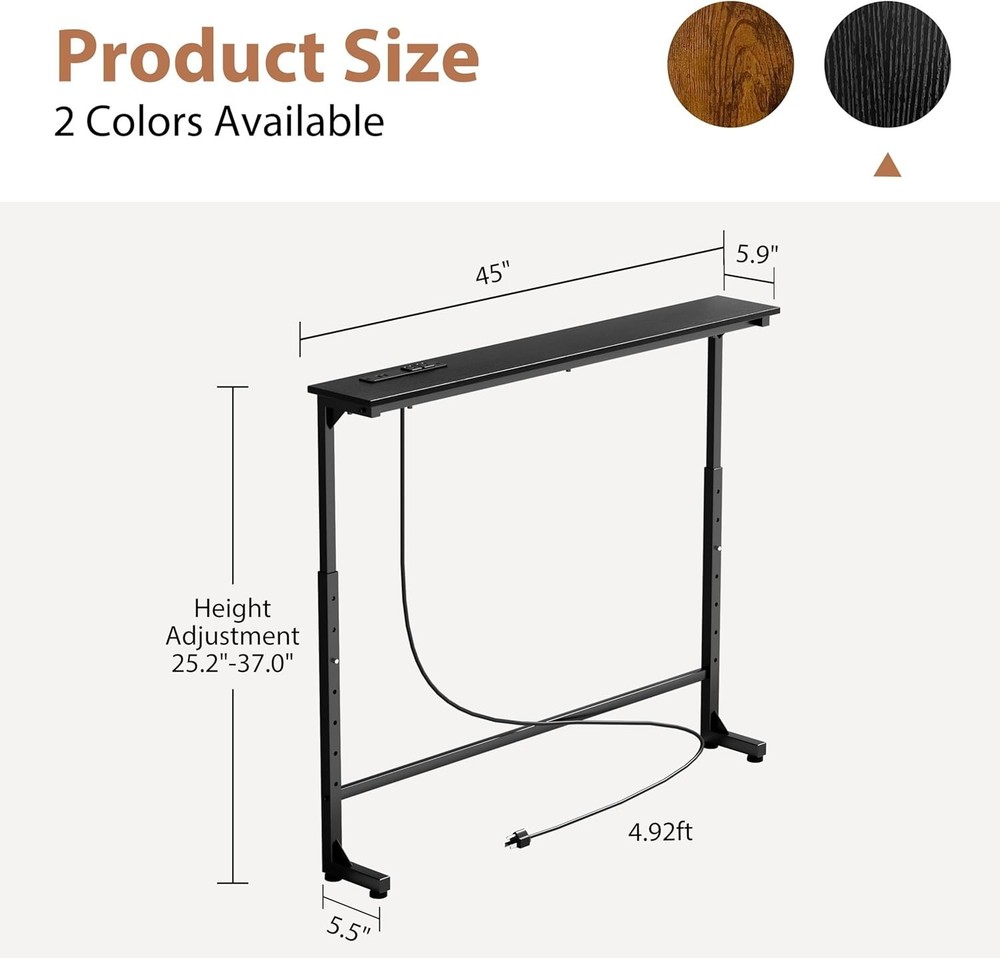 45" Adjustable Height Narrow Console Table W/ Power Outlets Long Sofa Table
