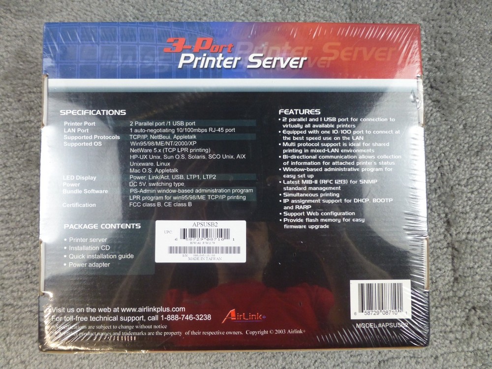 AirLink Plus + 3 Port Printer Server 2 Parallel 1 USB Windows 10/100 Mbps NIB