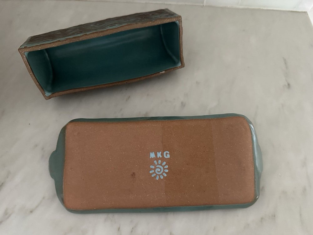 Textured Ceramic Studio Pottery Turquoise Butter Dish W Lid, top handle