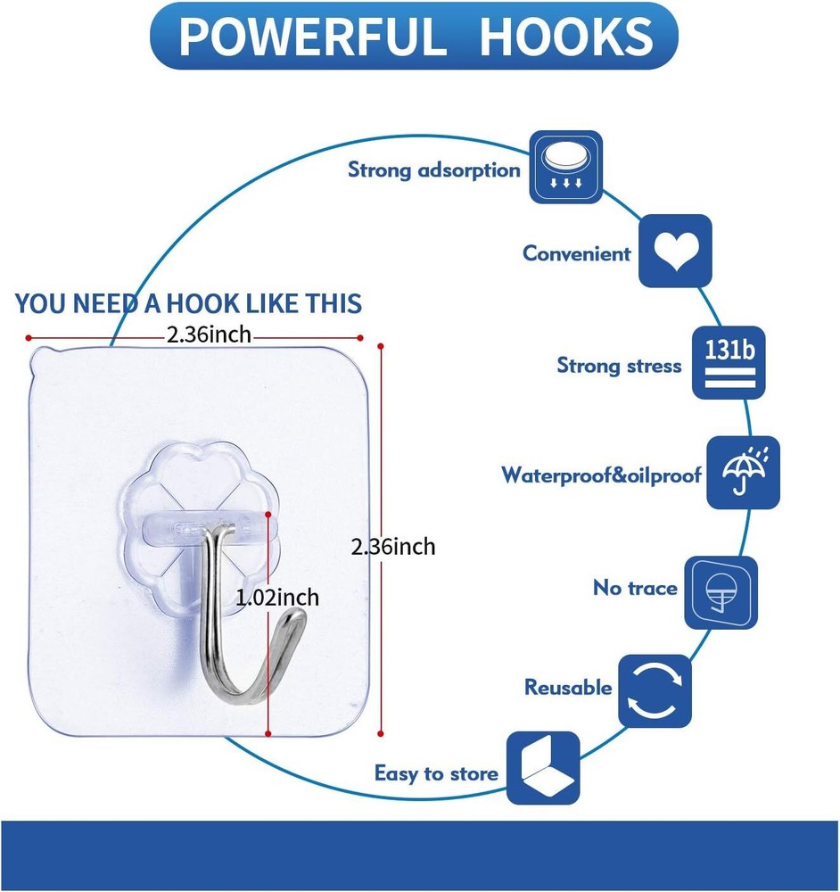 Premium Adhesive Hooks Kitchen Wall Hooks,Heavy Duty 13lb(Max) Transparent