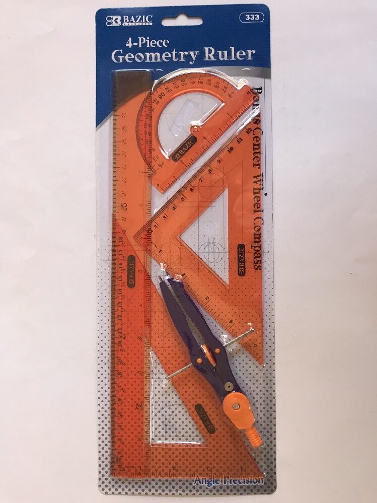 5-Piece Geometry Ruler Straight Triangle Protractor Compass Bazic New