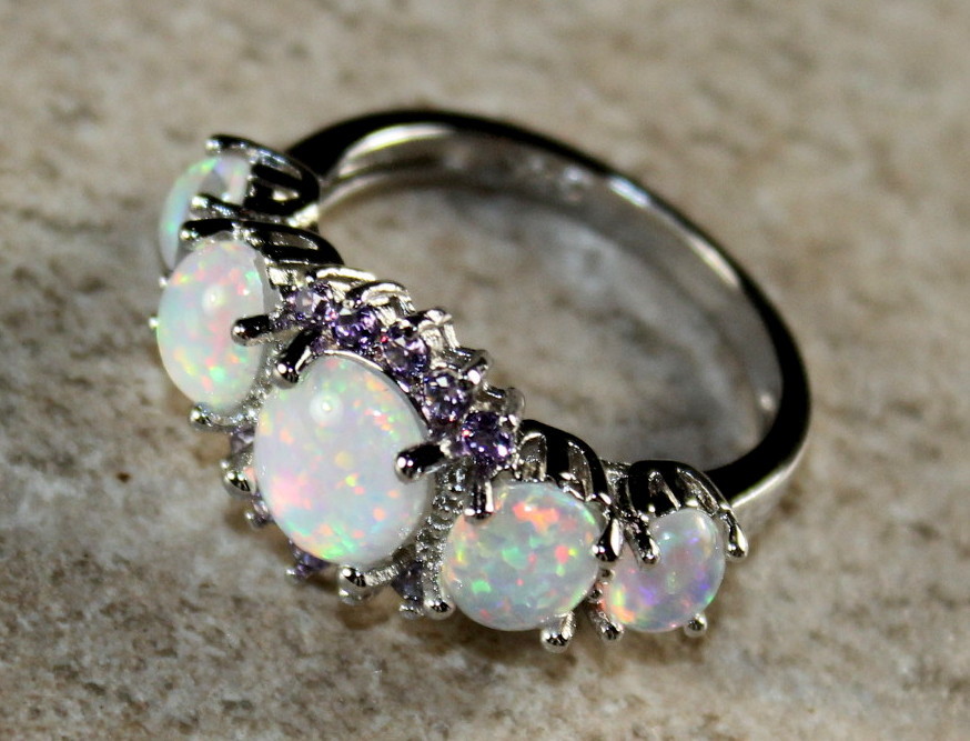 SILVER Elegant White Fire Opal & Purple Amethyst Ring Size 7, WR41601