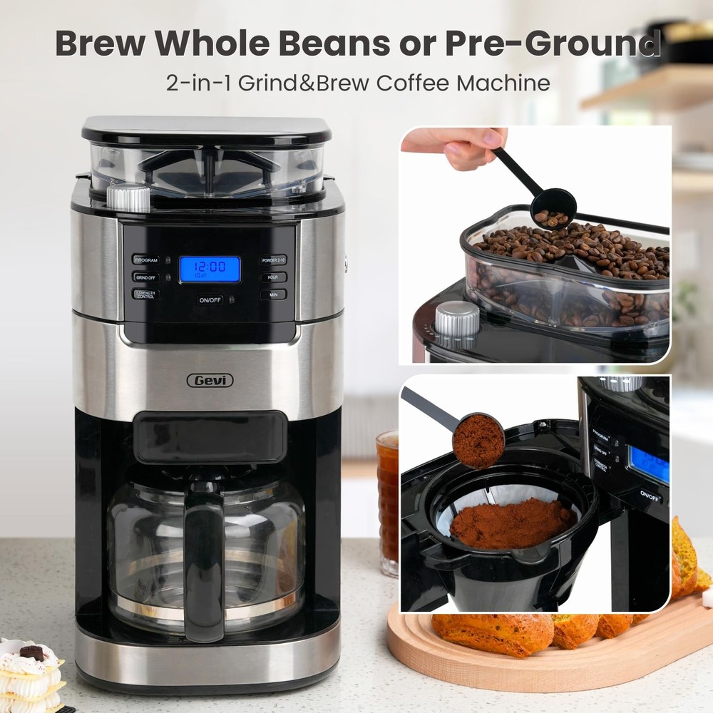 10-Cup Drip Coffee Maker with Built-in Grinder, Programmable Brew Coffee Machine