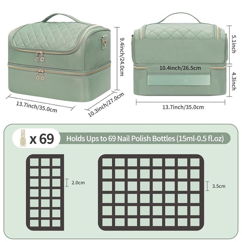 Nail Polish Organizer Case Double Layer Travel Storage Bag W/ Handle & Strap New