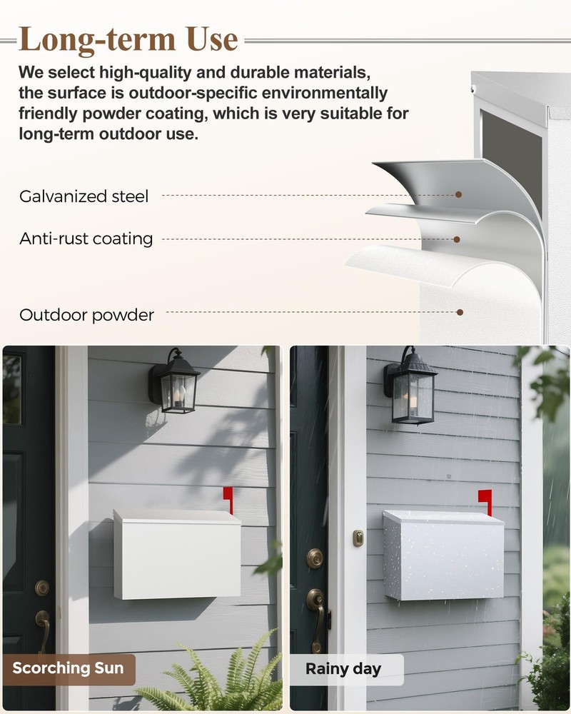 Wall-Mount Mailbox for Outside, Large Capacity Rust-Proof Box with Stay-Open ...