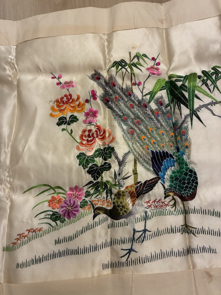 Bird Flower embroidered asian character Panel