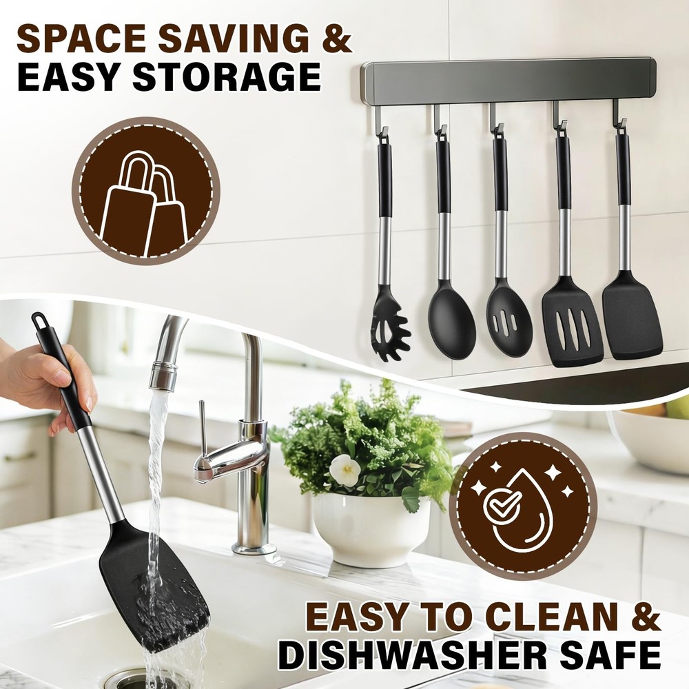5Pcs Silicone Cooking Utensils Set, Heat Resistant Kitchen Tools Include Soli...