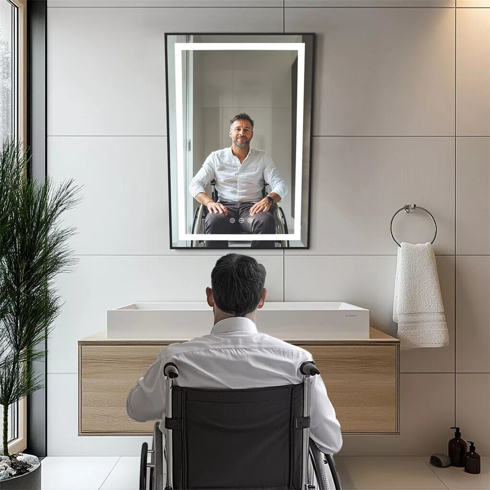 LED Illuminated Bathroom ADA Fixed Mirror with Tilt Frame Vanity 3 Colors Mirror