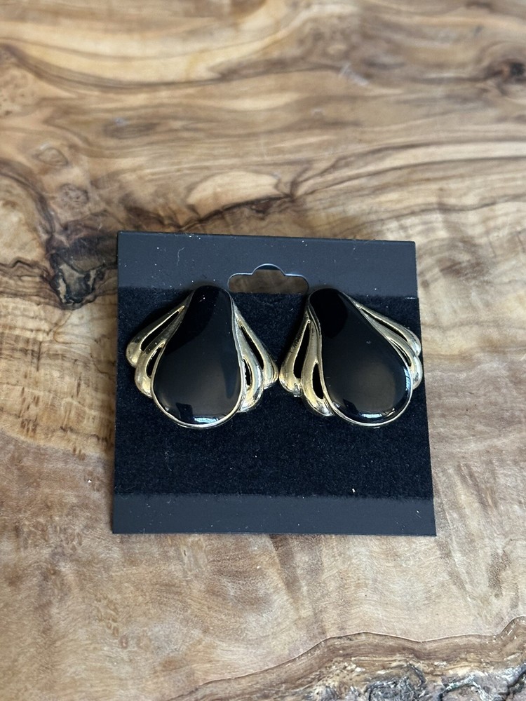 Vintage Gold Tone Black Enameled Post Earrings