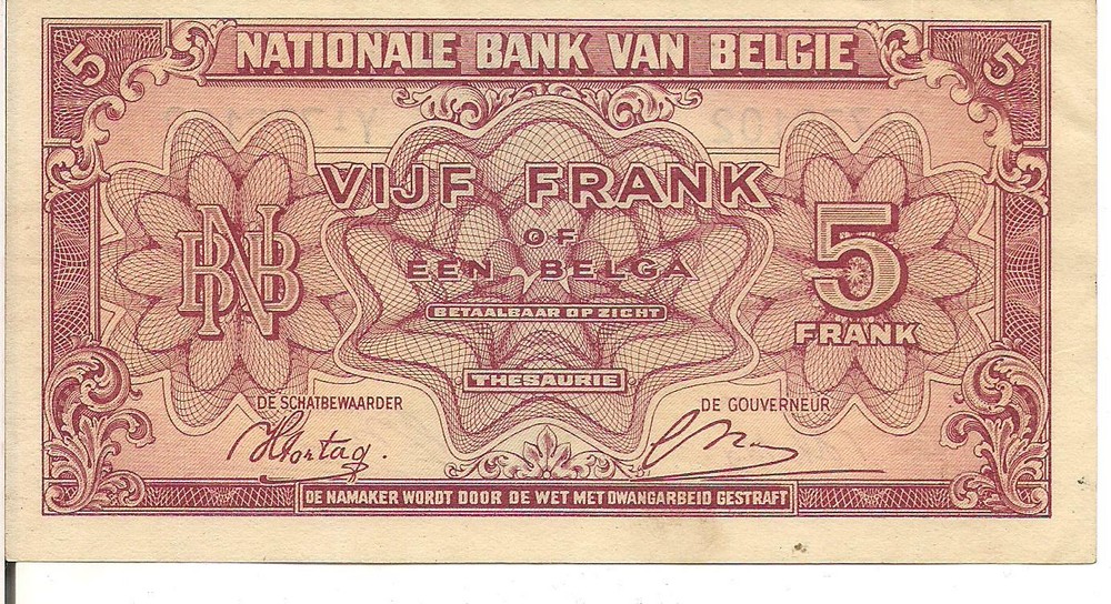 BELGIUM, 5 FRANCS, P#121, 1943