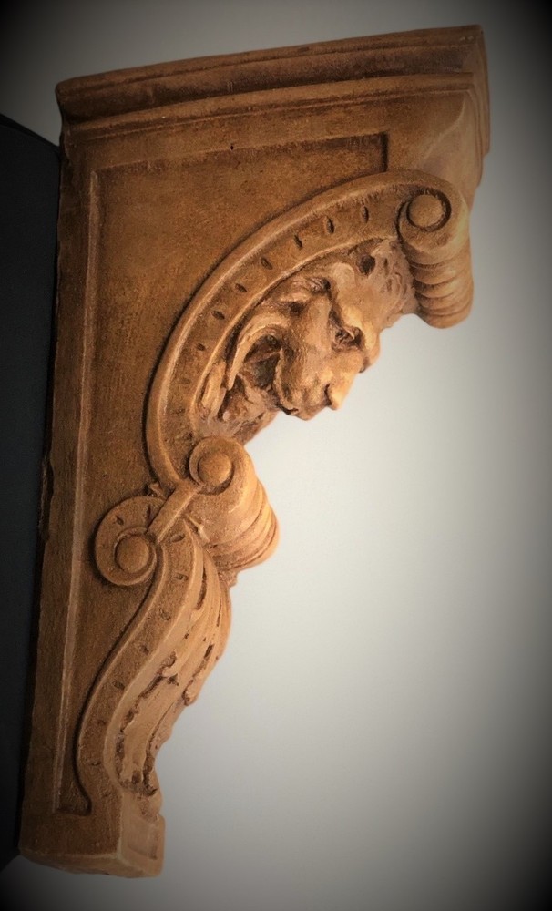 PAIR NARROW LION FACE SCROLL CORBEL BRACKETS ARCHITECTURAL ACCENT WOOD STAINED